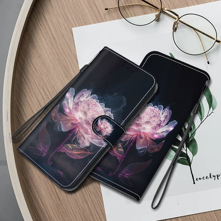 For Google Pixel 9 Pro Crystal Texture Colored Drawing Leather Phone Case(Purple Peony) - Google Cases by buy2fix | Online Shopping UK | buy2fix