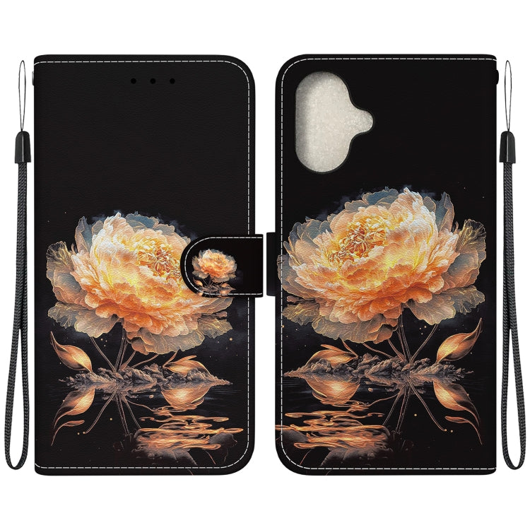 For iPhone 16 Crystal Texture Colored Drawing Leather Phone Case(Gold Peony) - iPhone 16 Cases by buy2fix | Online Shopping UK | buy2fix