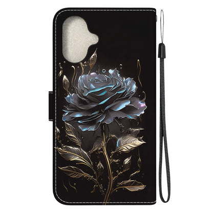 For iPhone 16 Crystal Texture Colored Drawing Leather Phone Case(Black Rose) - iPhone 16 Cases by buy2fix | Online Shopping UK | buy2fix