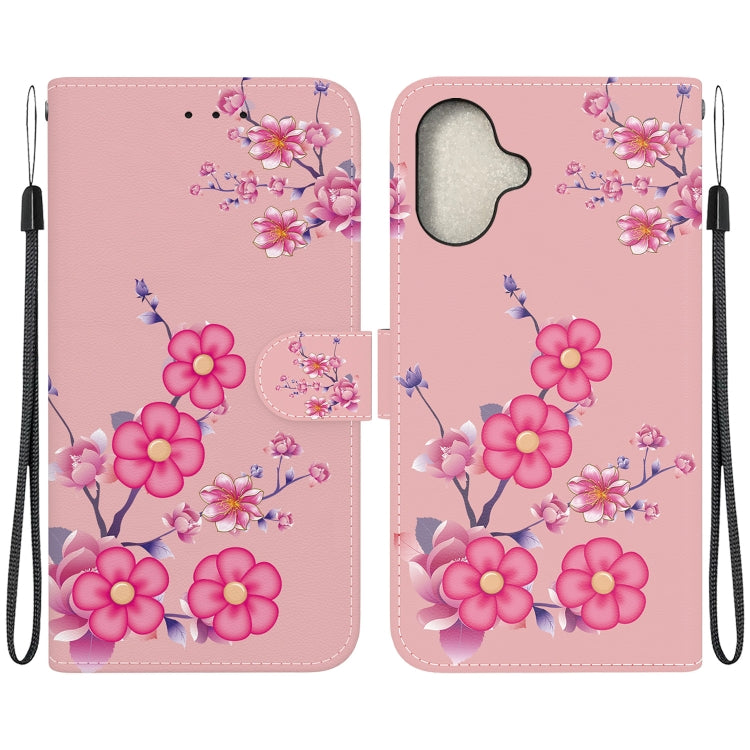 For iPhone 16 Crystal Texture Colored Drawing Leather Phone Case(Cherry Blossoms) - iPhone 16 Cases by buy2fix | Online Shopping UK | buy2fix