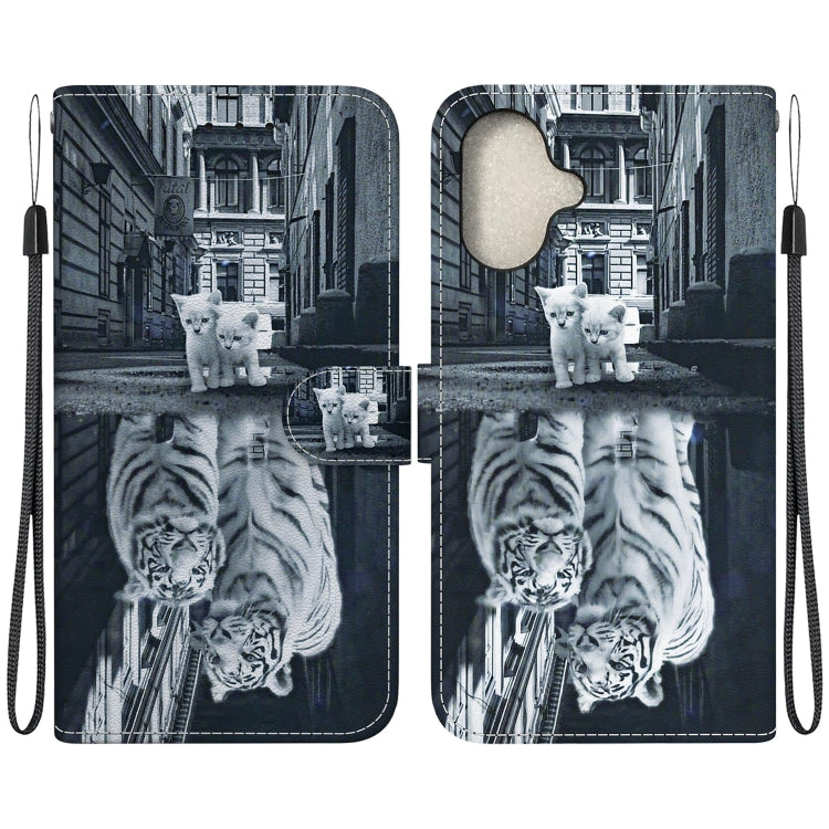 For iPhone 16 Plus Crystal Texture Colored Drawing Leather Phone Case(Cat Tiger Reflection) - iPhone 16 Plus Cases by buy2fix | Online Shopping UK | buy2fix