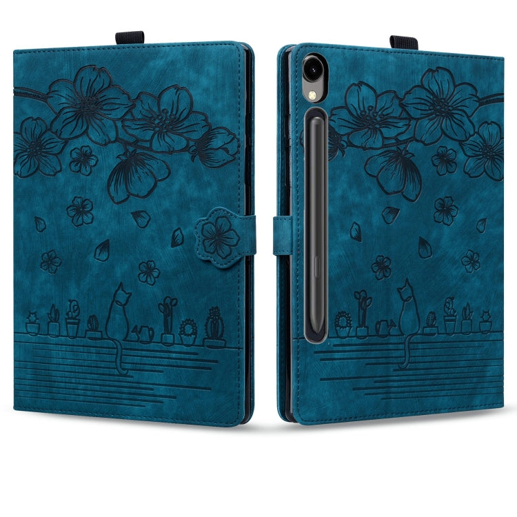 For Samsung Galaxy Tab S9 FE+ Cartoon Sakura Cat Embossed Leather Tablet Case(Blue) - Galaxy Tab S9 FE+ by buy2fix | Online Shopping UK | buy2fix