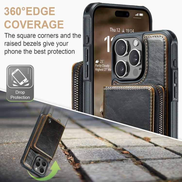 For iPhone 16 Pro JEEHOOD C22 Series Zipper Wallet Leather Phone Case with Dual Lanyard(Coffee) - iPhone 16 Pro Cases by JEEHOOD | Online Shopping UK | buy2fix