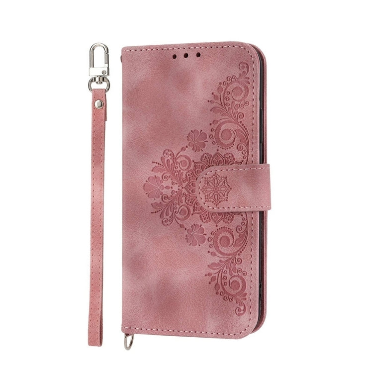 For iPhone 16 Skin-feel Flowers Embossed Wallet Leather Phone Case(Pink) - iPhone 16 Cases by buy2fix | Online Shopping UK | buy2fix