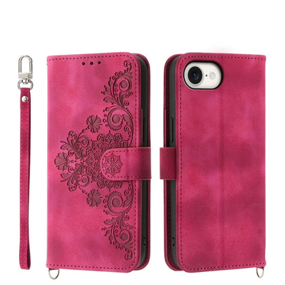 For iPhone SE 2024 Skin-feel Flowers Embossed Wallet Leather Phone Case(Wine Red) - More iPhone Cases by buy2fix | Online Shopping UK | buy2fix