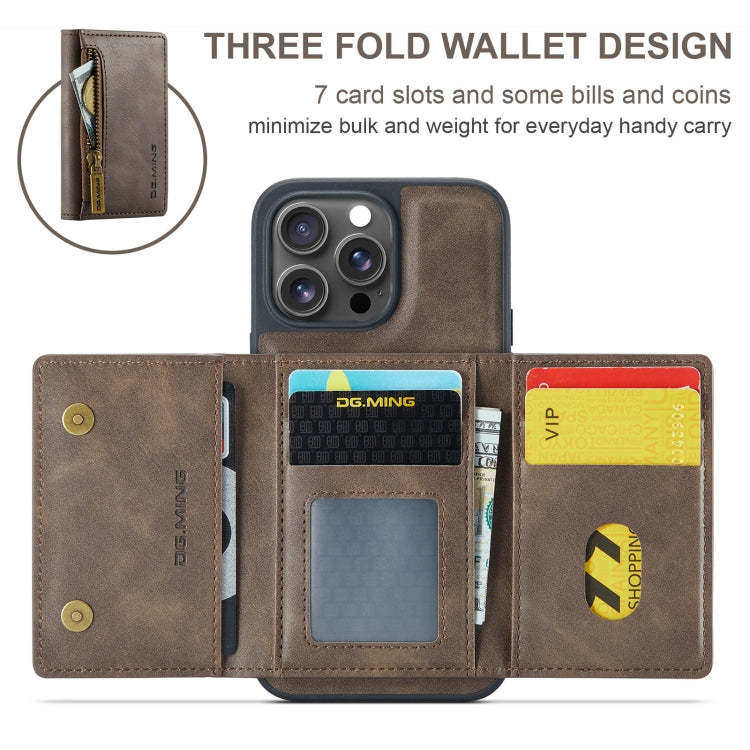 For iPhone 16 Pro DG.MING M5 Series Zip RFID Multi Card Detachable Leather Phone Case(Coffee) - iPhone 16 Pro Cases by DG.MING | Online Shopping UK | buy2fix