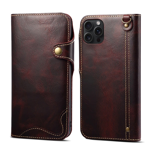 For iPhone 15 Pro Denior Oil Wax Cowhide Magnetic Button Genuine Leather Case(Dark Red) - iPhone 15 Pro Cases by Denior | Online Shopping UK | buy2fix