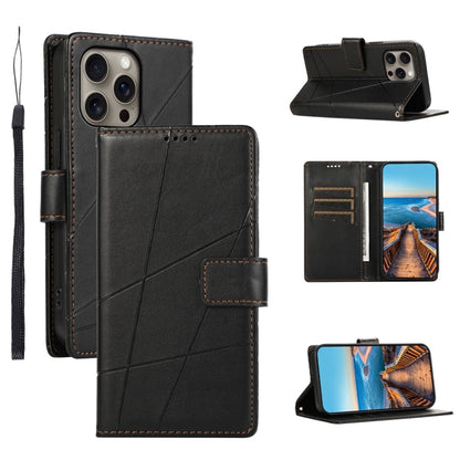 For iPhone 16 Pro Max PU Genuine Leather Texture Embossed Line Phone Case(Black) - iPhone 16 Pro Max Cases by buy2fix | Online Shopping UK | buy2fix