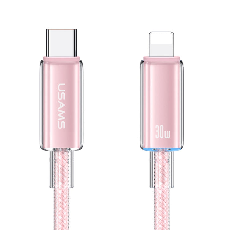 USAMS Type-C To 8 Pin Aluminum Alloy Clear LED 30W PD Fast Charge Data Cable, Length:1.2m(Pink) - 2 in 1 Cable by USAMS | Online Shopping UK | buy2fix