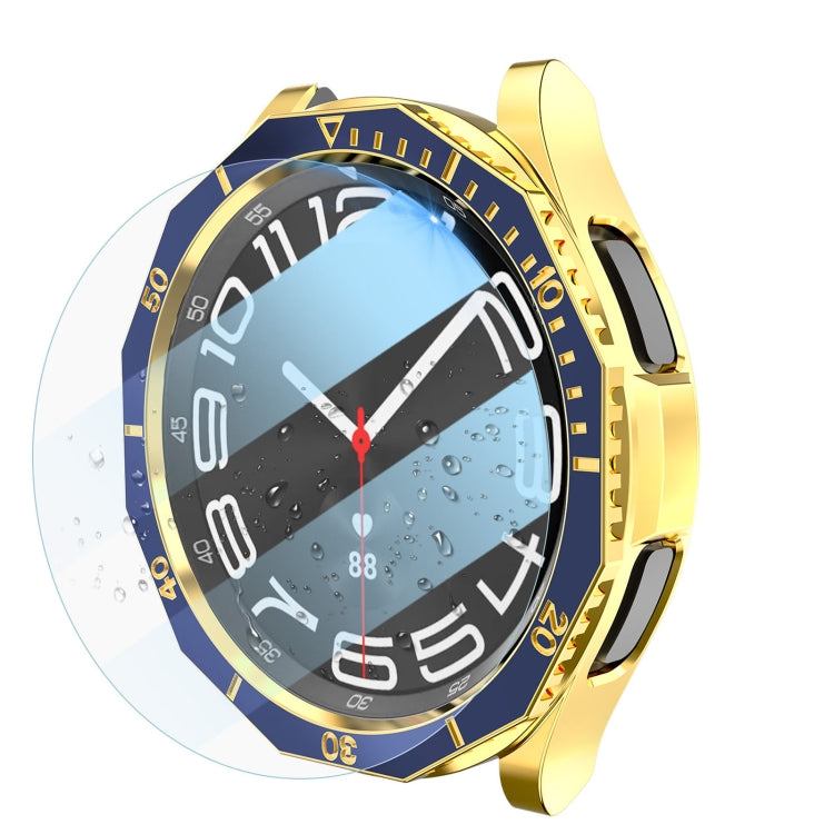 For Samsung Galaxy Watch6 Classic 43mm R950 Electroplate PC Case + Tempered Film + Watch Bezel Ring Set(Blue+Gold) - Watch Cases by buy2fix | Online Shopping UK | buy2fix