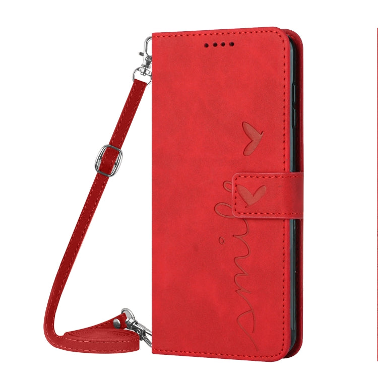 For Xiaomi Redmi Note 13 4G Global Skin Feel Heart Embossed Leather Phone Case with Long Lanyard(Red) - Note 13 Cases by buy2fix | Online Shopping UK | buy2fix