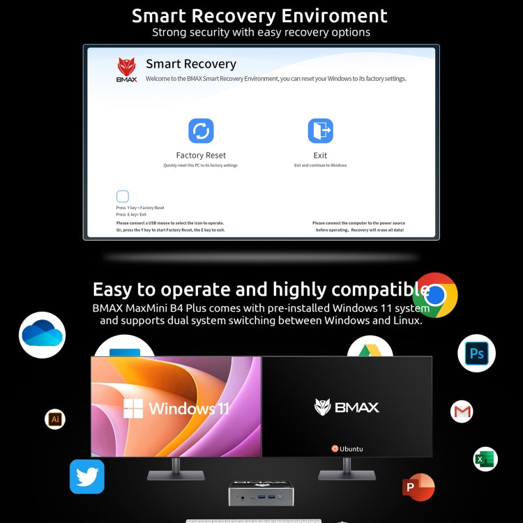 BMAX B4 Plus Windows 11 Mini PC, 16GB+512GB, Intel Alder Lake N100, Support Dual HDMI / RJ45(EU Plug) - Windows Mini PCs by BMAX | Online Shopping UK | buy2fix