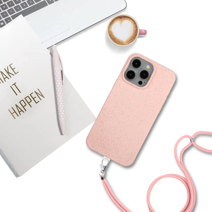 For iPhone 14 Pro Wheat MagSafe Magnetic Straw Material + TPU Phone Case with Lanyard(Pink) - iPhone 14 Pro Cases by buy2fix | Online Shopping UK | buy2fix