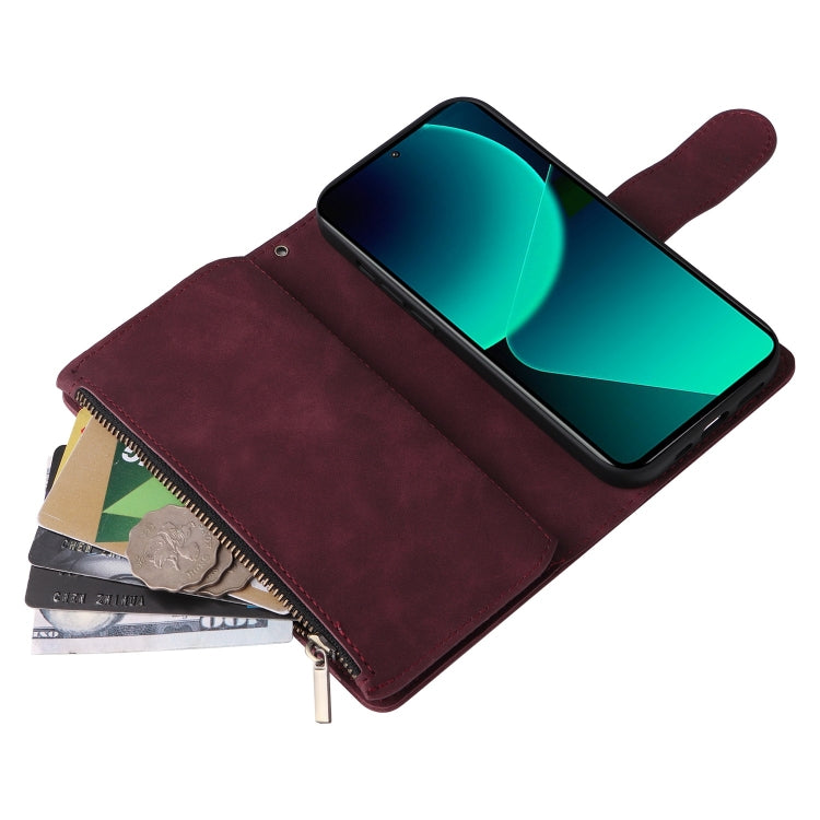 For Xiaomi 13T / 13T Pro Multifunctional Frosted Zipper Wallet Leather Phone Case(Wine Red) - Xiaomi Cases by buy2fix | Online Shopping UK | buy2fix