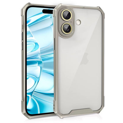 For iPhone 16 Shockproof Acrylic Phone Case with Lens Glass Film(Grey) - iPhone 16 Cases by buy2fix | Online Shopping UK | buy2fix