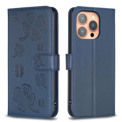 For iPhone 16 Pro Max Four-leaf Embossed Leather Phone Case(Blue) - iPhone 16 Pro Max Cases by buy2fix | Online Shopping UK | buy2fix