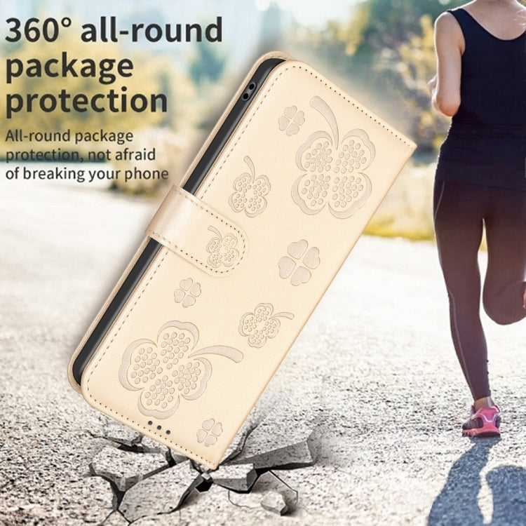 For iPhone 16 Pro Four-leaf Embossed Leather Phone Case(Gold) - iPhone 16 Pro Cases by buy2fix | Online Shopping UK | buy2fix