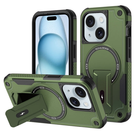 For iPhone 15 Armor Magsafe Holder PC Hybrid TPU Phone Case(Army Green) - iPhone 15 Cases by buy2fix | Online Shopping UK | buy2fix