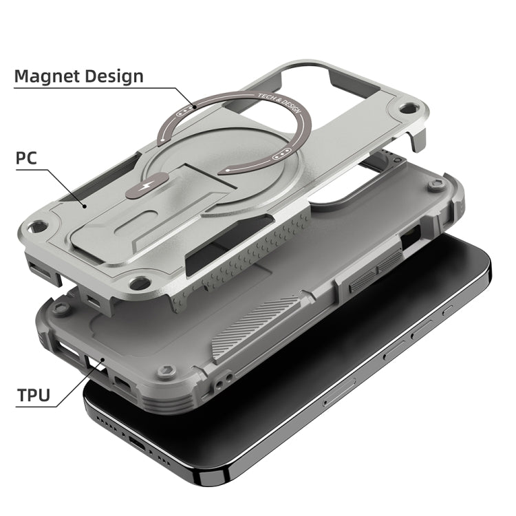 For iPhone 14 MagSafe Holder Armor PC Hybrid TPU Phone Case(Grey) - iPhone 14 Cases by buy2fix | Online Shopping UK | buy2fix