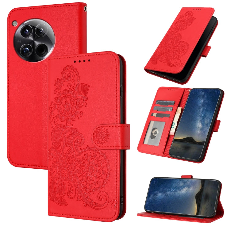 For OnePlus 12 Datura Flower Embossed Flip Leather Phone Case(Red) - OnePlus Cases by buy2fix | Online Shopping UK | buy2fix