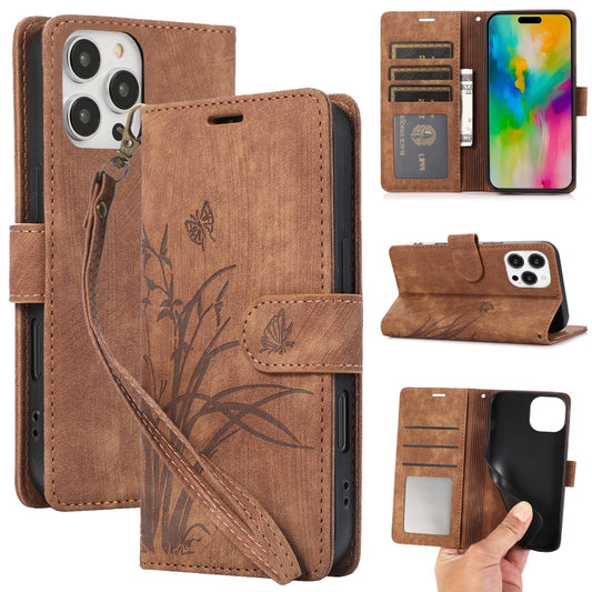 For iPhone 16 Pro Max Orchid Butterfly Embossed Leather Phone Case(Brown) - iPhone 16 Pro Max Cases by buy2fix | Online Shopping UK | buy2fix