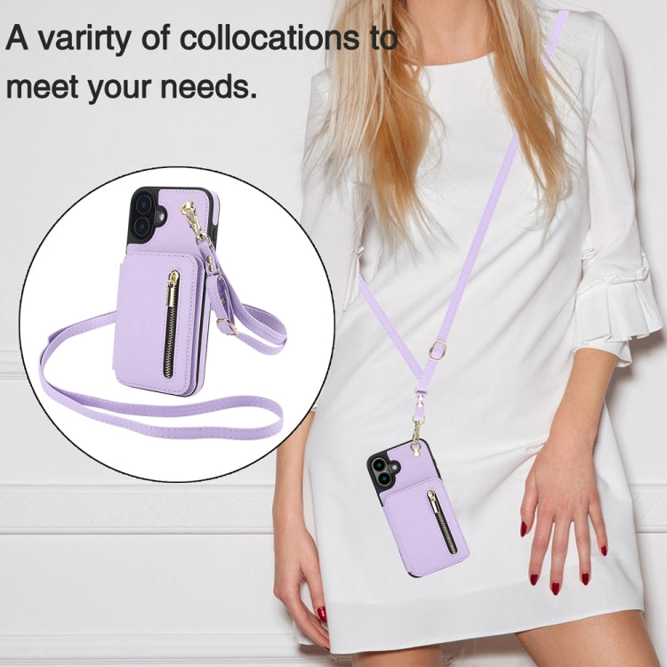 For iPhone 16 YM006 Skin Feel Zipper Card Bag Phone Case with Dual Lanyard(Light Purple) - iPhone 16 Cases by buy2fix | Online Shopping UK | buy2fix