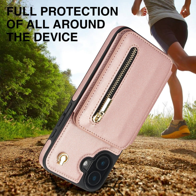 For iPhone 16 YM006 Skin Feel Zipper Card Bag Phone Case with Dual Lanyard(Rose Gold) - iPhone 16 Cases by buy2fix | Online Shopping UK | buy2fix