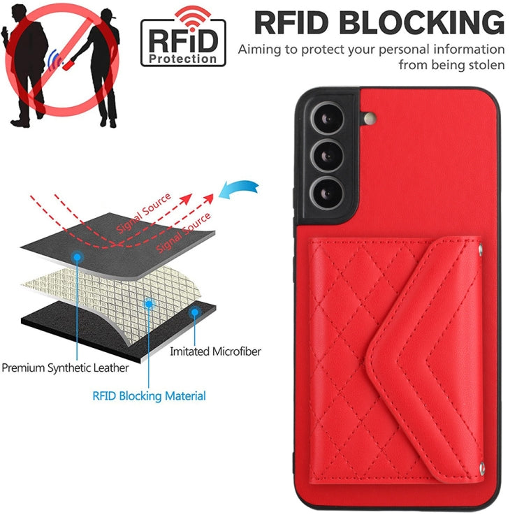 For Samsung Galaxy S22 5G Rhombic Texture Card Bag RFID Phone Case with Long Lanyard(Red) - Galaxy S22 5G Cases by buy2fix | Online Shopping UK | buy2fix