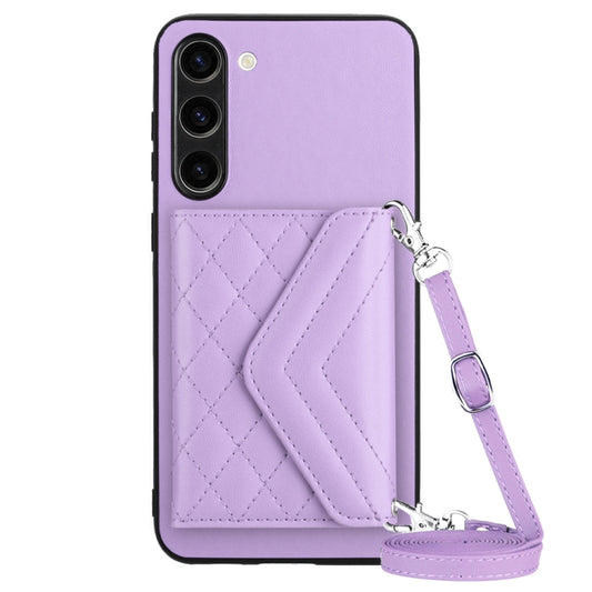 For Samsung Galaxy S23 5G Rhombic Texture Card Bag RFID Phone Case with Long Lanyard(Light Purple) - Galaxy S23 5G Cases by buy2fix | Online Shopping UK | buy2fix