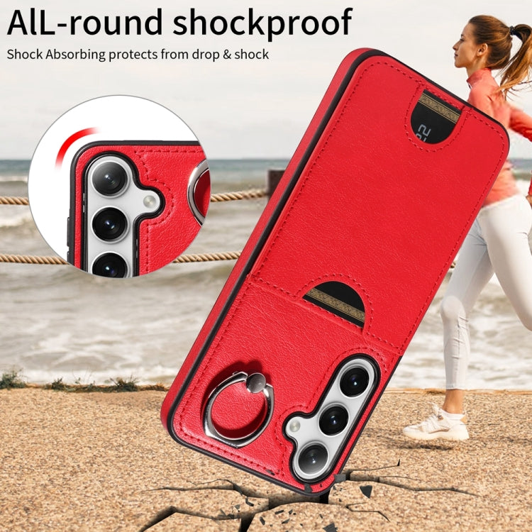 For Samsung Galaxy S24+ 5G Calf Texture Card Slot Ring Holder Phone Case(Red) - Galaxy S24+ 5G Cases by buy2fix | Online Shopping UK | buy2fix