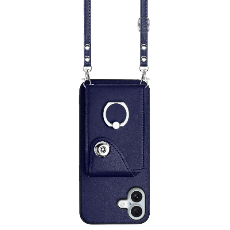 For iPhone 16 Plus Organ Card Bag Ring Holder Phone Case with Long Lanyard(Blue) - iPhone 16 Plus Cases by buy2fix | Online Shopping UK | buy2fix