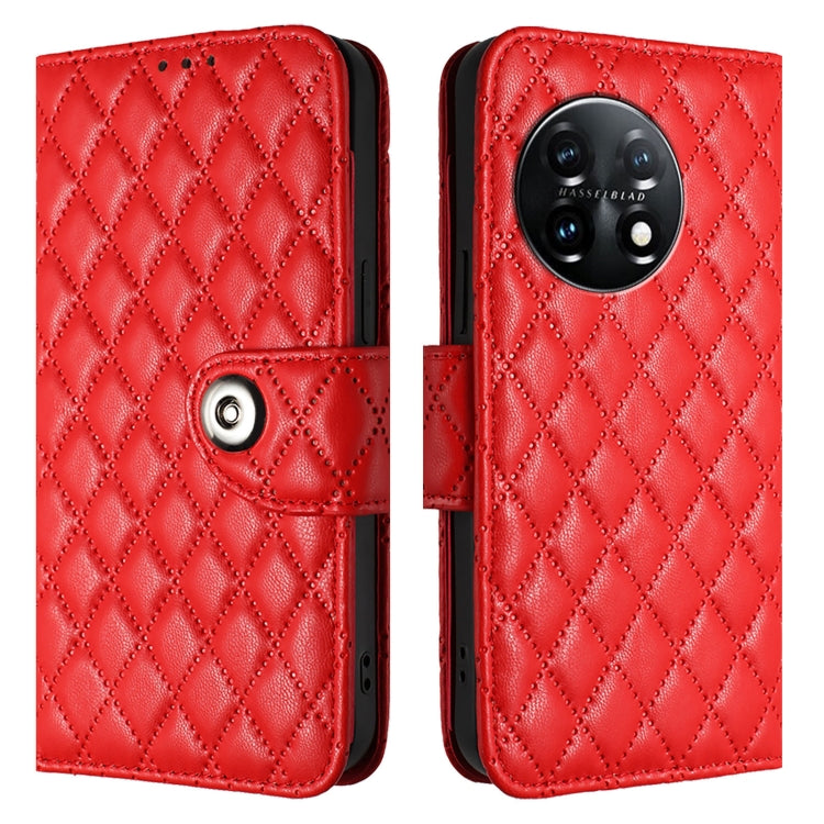 For OnePlus 11 Rhombic Texture Flip Leather Phone Case with Lanyard(Red) - OnePlus Cases by buy2fix | Online Shopping UK | buy2fix