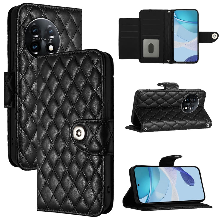 For OnePlus 11 Rhombic Texture Flip Leather Phone Case with Lanyard(Black) - OnePlus Cases by buy2fix | Online Shopping UK | buy2fix