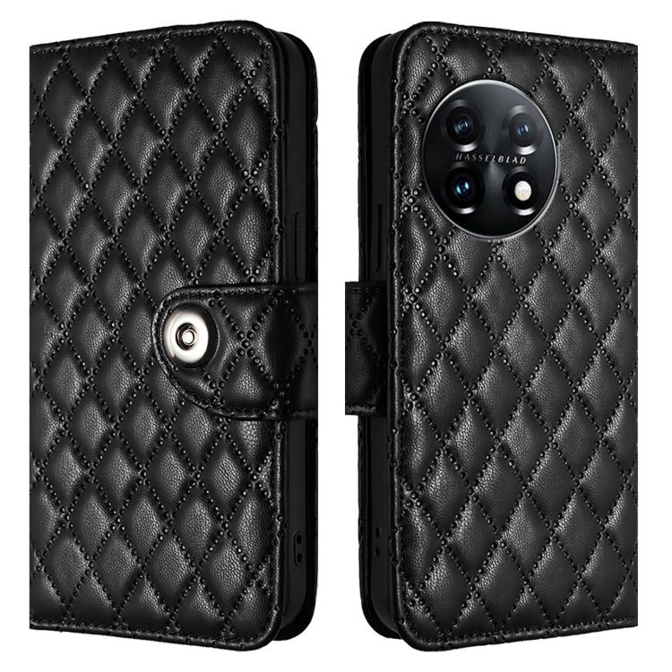 For OnePlus 11 Rhombic Texture Flip Leather Phone Case with Lanyard(Black) - OnePlus Cases by buy2fix | Online Shopping UK | buy2fix