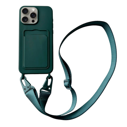 For iPhone 16 Pro Max Card Slot Liquid Silicone Phone Case with Lanyard(Dark Green) - iPhone 16 Pro Max Cases by buy2fix | Online Shopping UK | buy2fix