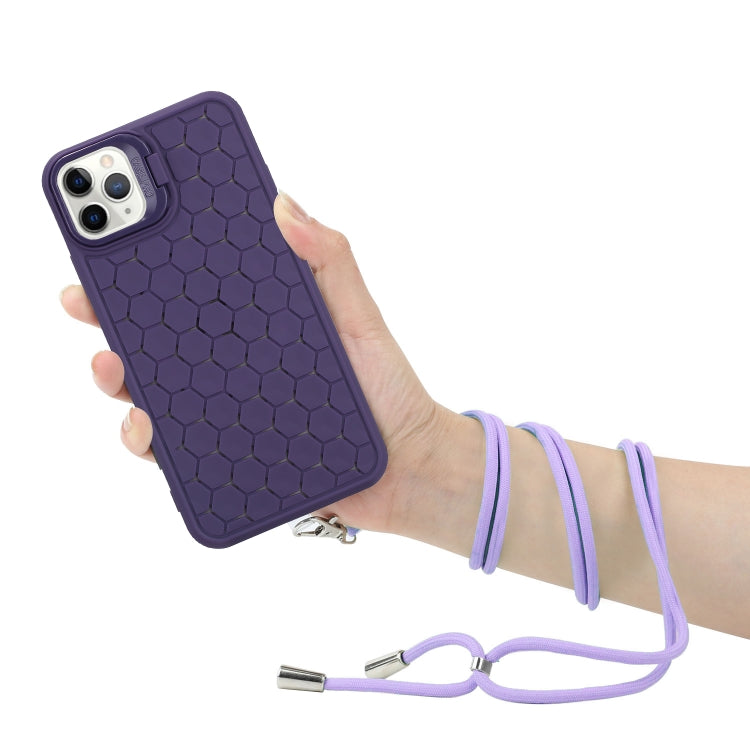 For iPhone 14 Pro Honeycomb Radiating Lens Holder Magsafe Phone Case with Lanyard(Purple) - iPhone 14 Pro Cases by buy2fix | Online Shopping UK | buy2fix