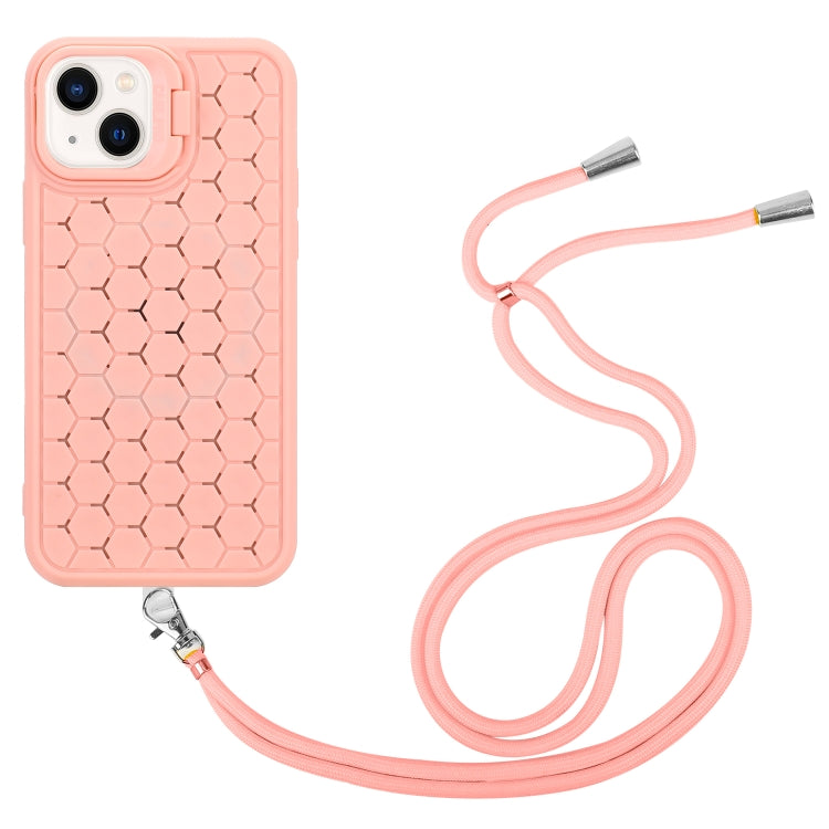 For iPhone 13 Honeycomb Radiating Lens Holder Magsafe Phone Case with Lanyard(Pink) - iPhone 13 Cases by buy2fix | Online Shopping UK | buy2fix