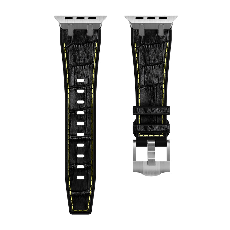 For Apple Watch Series 8 45mm Crocodile Texture Liquid Silicone Watch Band(Silver Yellow Black) - Watch Bands by buy2fix | Online Shopping UK | buy2fix