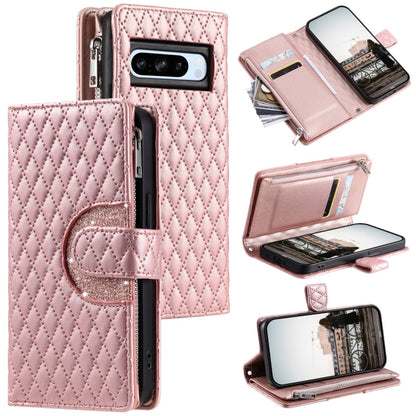 For Google Pixel 8 Pro Glitter Lattice Zipper Wallet Leather Phone Case(Rose Gold) - Google Cases by buy2fix | Online Shopping UK | buy2fix