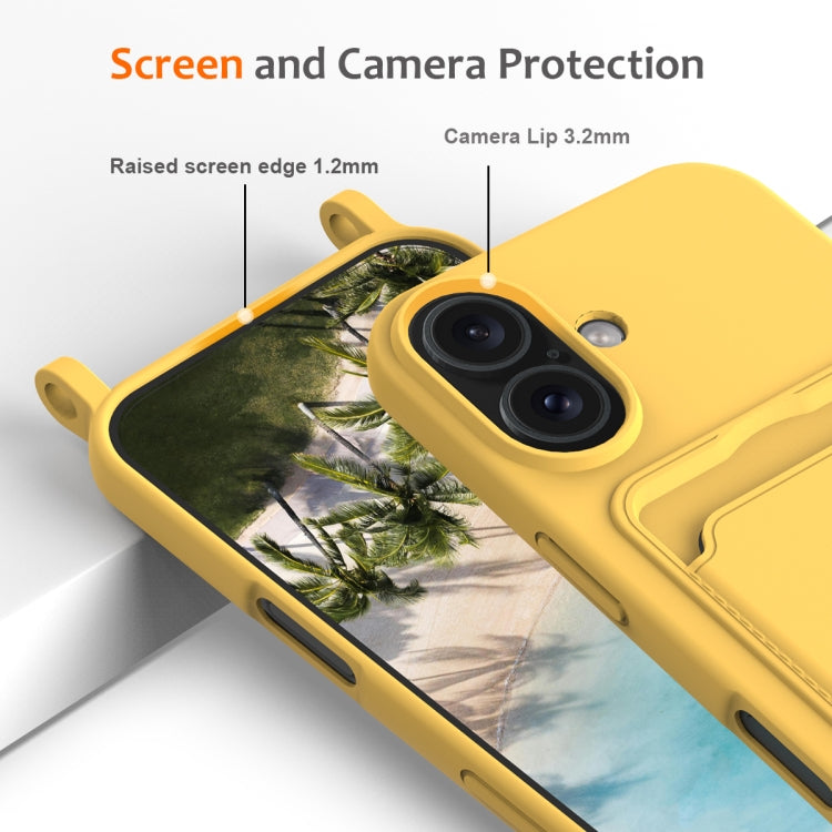 For iPhone 16 Integrated Card Bag Solid Color Liquid Silicone Phone Case with Lanyard(Yellow) - iPhone 16 Cases by buy2fix | Online Shopping UK | buy2fix