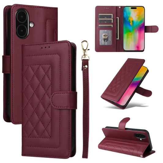 For iPhone 16 Diamond Lattice Leather Flip Phone Case(Wine Red) - iPhone 16 Cases by buy2fix | Online Shopping UK | buy2fix