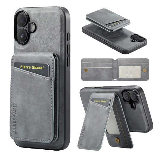 For iPhone 16 Plus Fierre Shann Cowhide Vertical Flip Magnetic Card Holder Phone Case(Grey) - iPhone 16 Plus Cases by FIERRE SHANN | Online Shopping UK | buy2fix