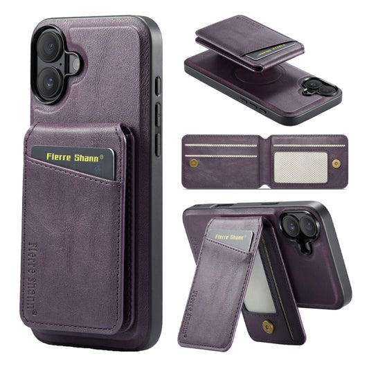 For iPhone 16 Plus Fierre Shann Cowhide Vertical Flip Magnetic Card Holder Phone Case(Purple) - iPhone 16 Plus Cases by FIERRE SHANN | Online Shopping UK | buy2fix