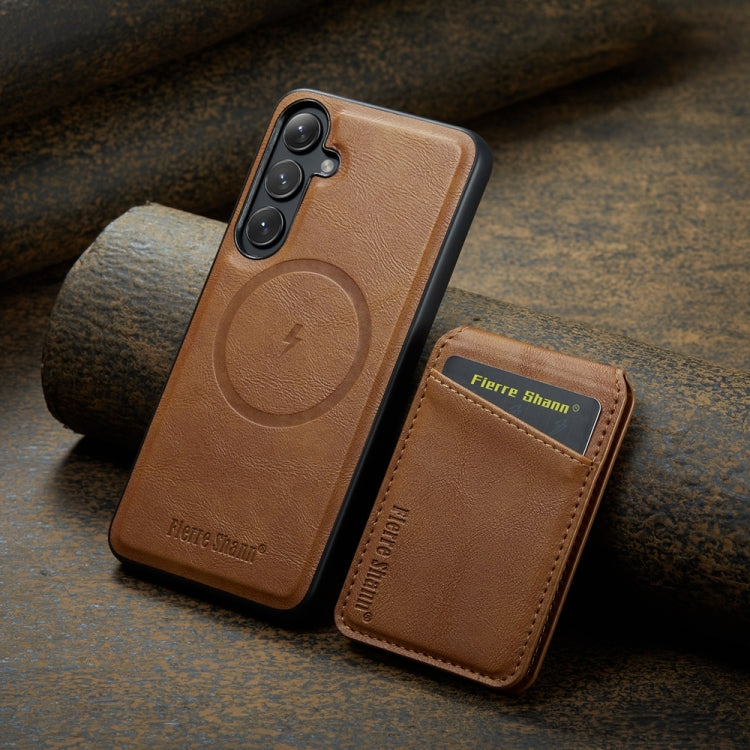 For Samsung Galaxy S24+ 5G Fierre Shann Oil Wax Cow Leather Magnetic Card Holder Phone Case(Brown) - Galaxy S24+ 5G Cases by FIERRE SHANN | Online Shopping UK | buy2fix