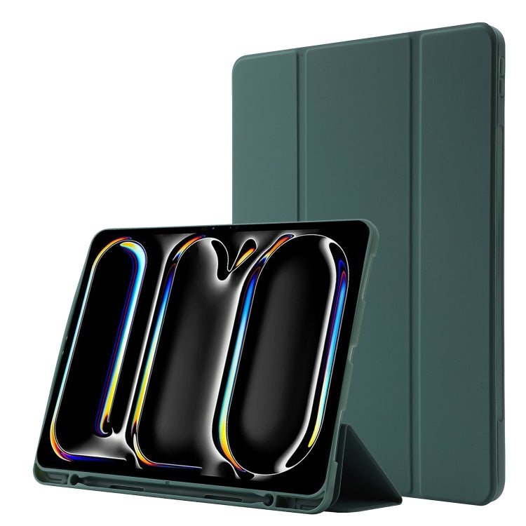 For iPad Pro 11 2024 Skin Feel Tri-fold Leather Tablet Case with Pen Slot(Dark Green) - iPad Pro 11 2024 Cases by buy2fix | Online Shopping UK | buy2fix