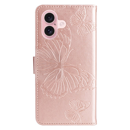 For iPhone 16 3D Butterfly Embossed Pattern Flip Leather Phone Case(Rose Gold) - iPhone 16 Cases by buy2fix | Online Shopping UK | buy2fix