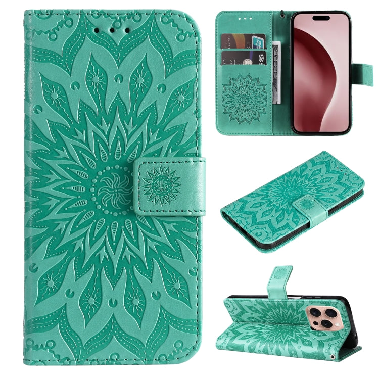 For iPhone 16 Pro Embossed Sunflower Pattern Flip Leather Phone Case(Green) - iPhone 16 Pro Cases by buy2fix | Online Shopping UK | buy2fix