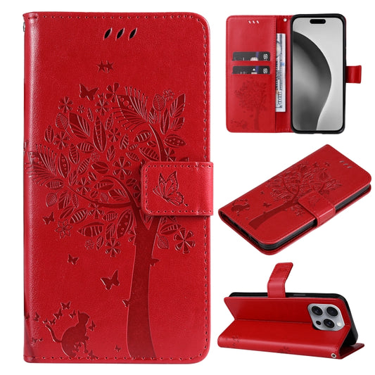 For iPhone 16 Pro Max Tree & Cat Embossed Pattern Flip Leather Phone Case(Red) - iPhone 16 Pro Max Cases by buy2fix | Online Shopping UK | buy2fix