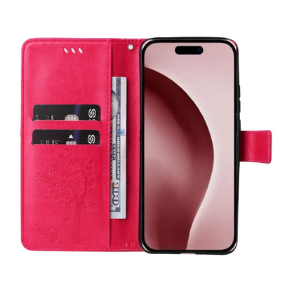 For iPhone 16 Pro Tree & Cat Embossed Pattern Flip Leather Phone Case(Rose Red) - iPhone 16 Pro Cases by buy2fix | Online Shopping UK | buy2fix