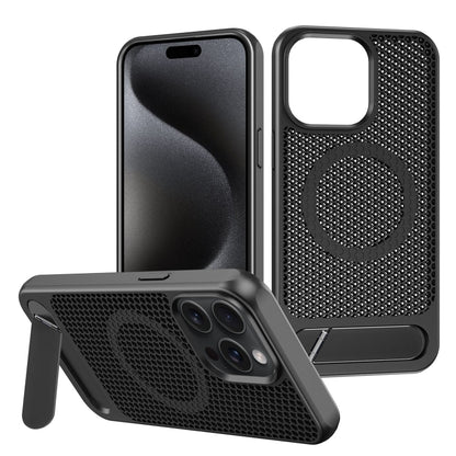 For iPhone 15 Pro Max Honeycomb Cooling MagSafe Phone Case with Invisible Holder(Black) - iPhone 15 Pro Max Cases by buy2fix | Online Shopping UK | buy2fix